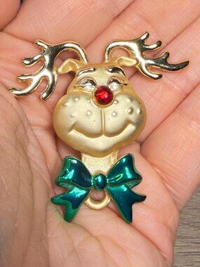 Vintage Reindeer Brooch Red Nose Green Bow Gold Tone Christmas Pin 2”